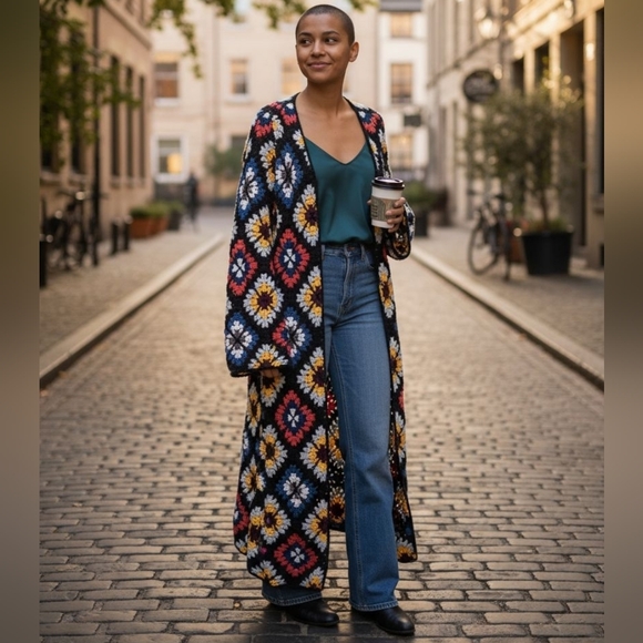 🦋NWOT! UNICORN! RARE! Granny Squares Party Cardi Duster Full Length Cardigan! - Picture 2 of 16